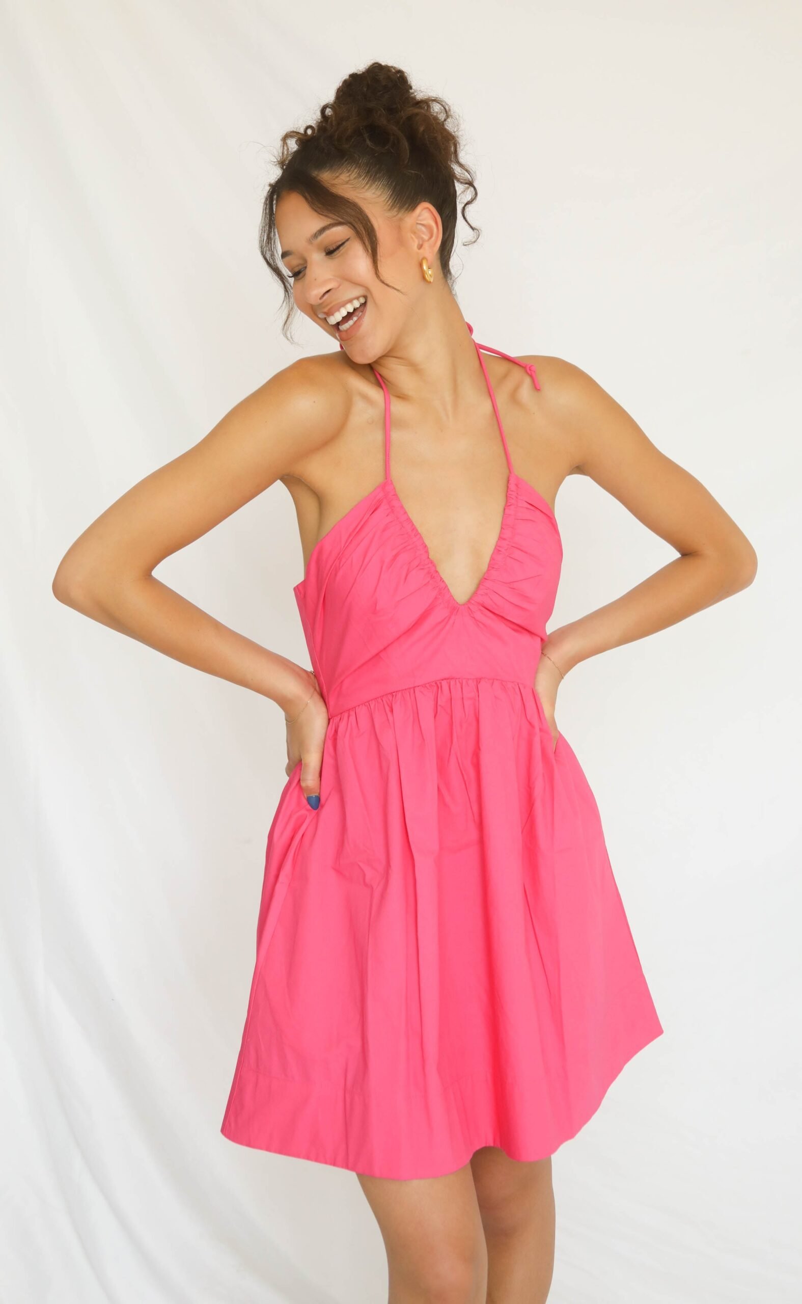 minkpink: celestia halter mini dress - hot pink